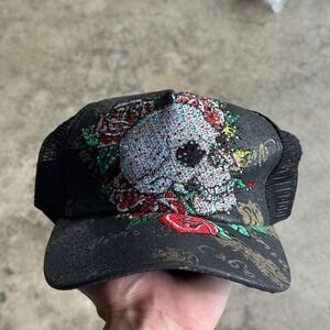 Ed Hardy Style Skull Rose Embroidered Trucker Hat Cap Rhinestones Vintage Style